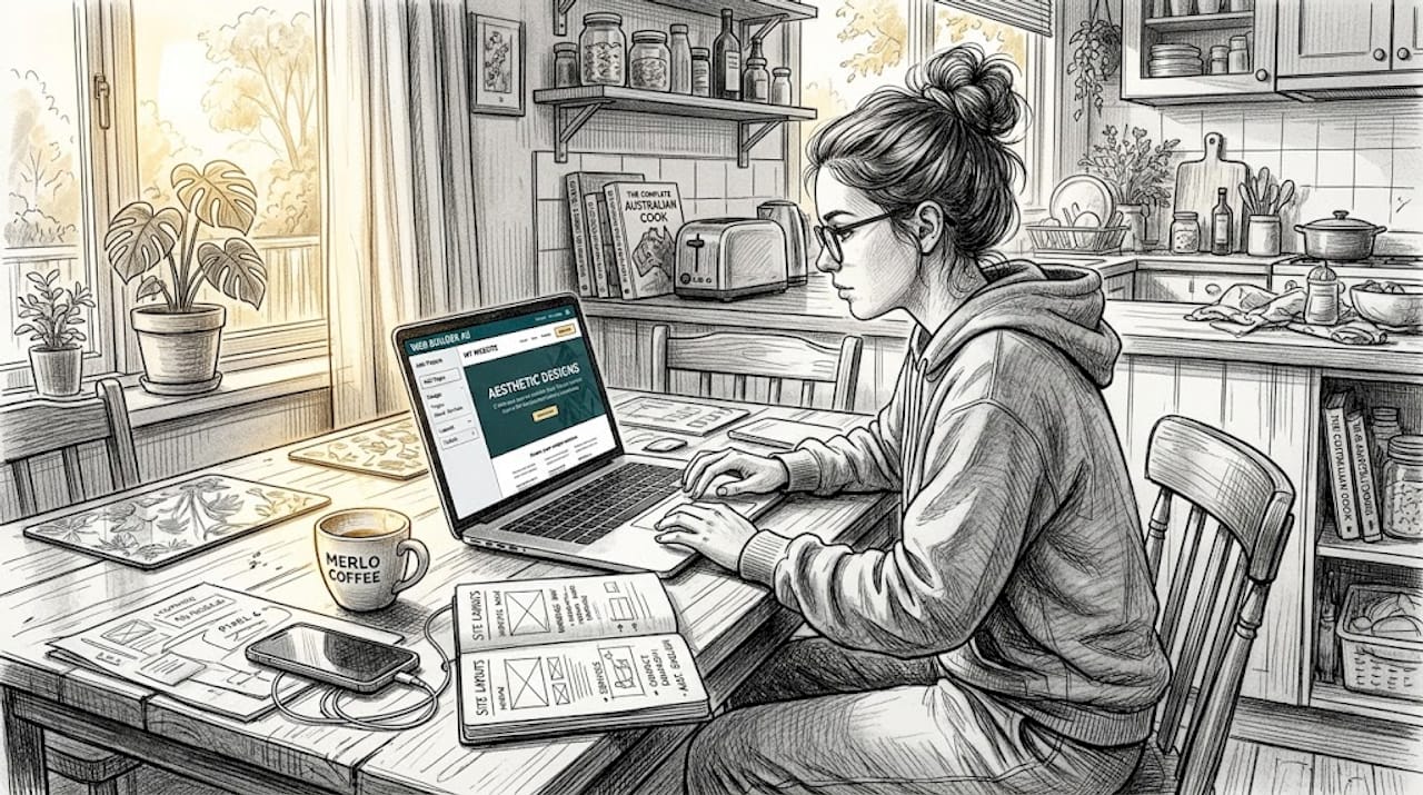Entrepreneur uses website builder at kitchen table