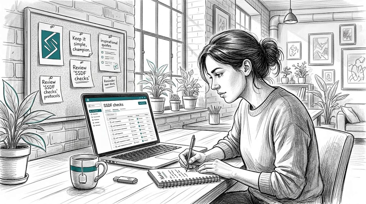 Engineer reviewing code for compliance requirements