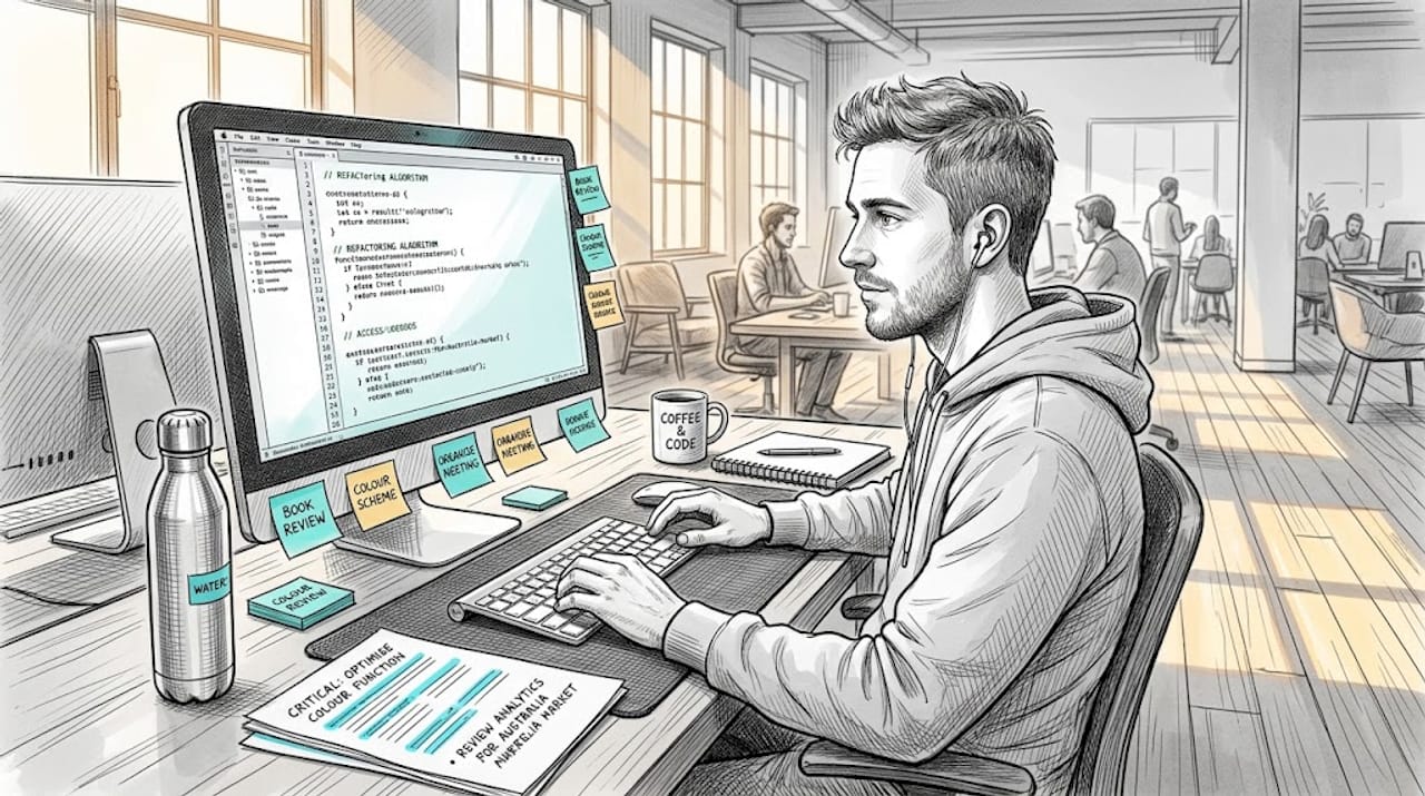 Developer reviewing custom software code in workspace