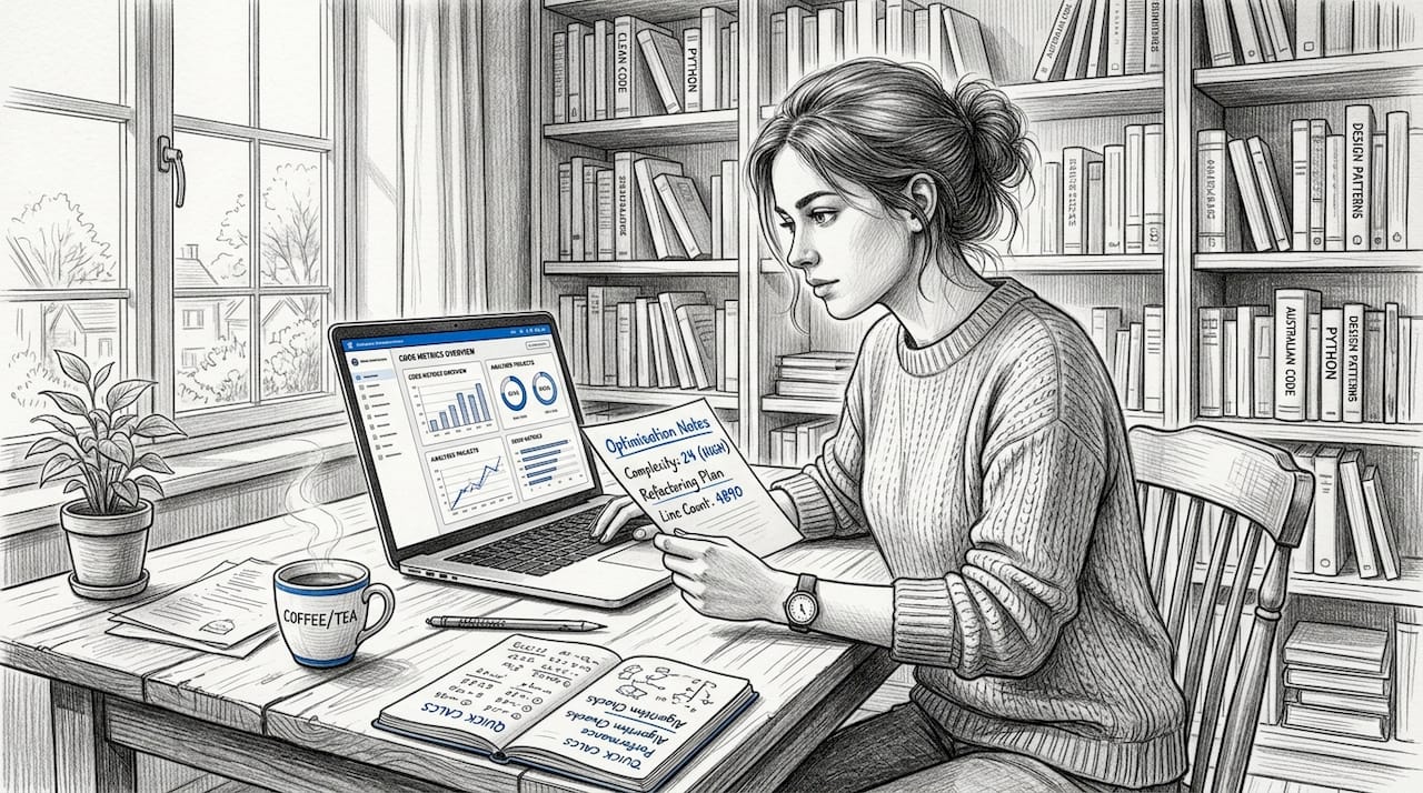 Developer reviewing code metrics on laptop