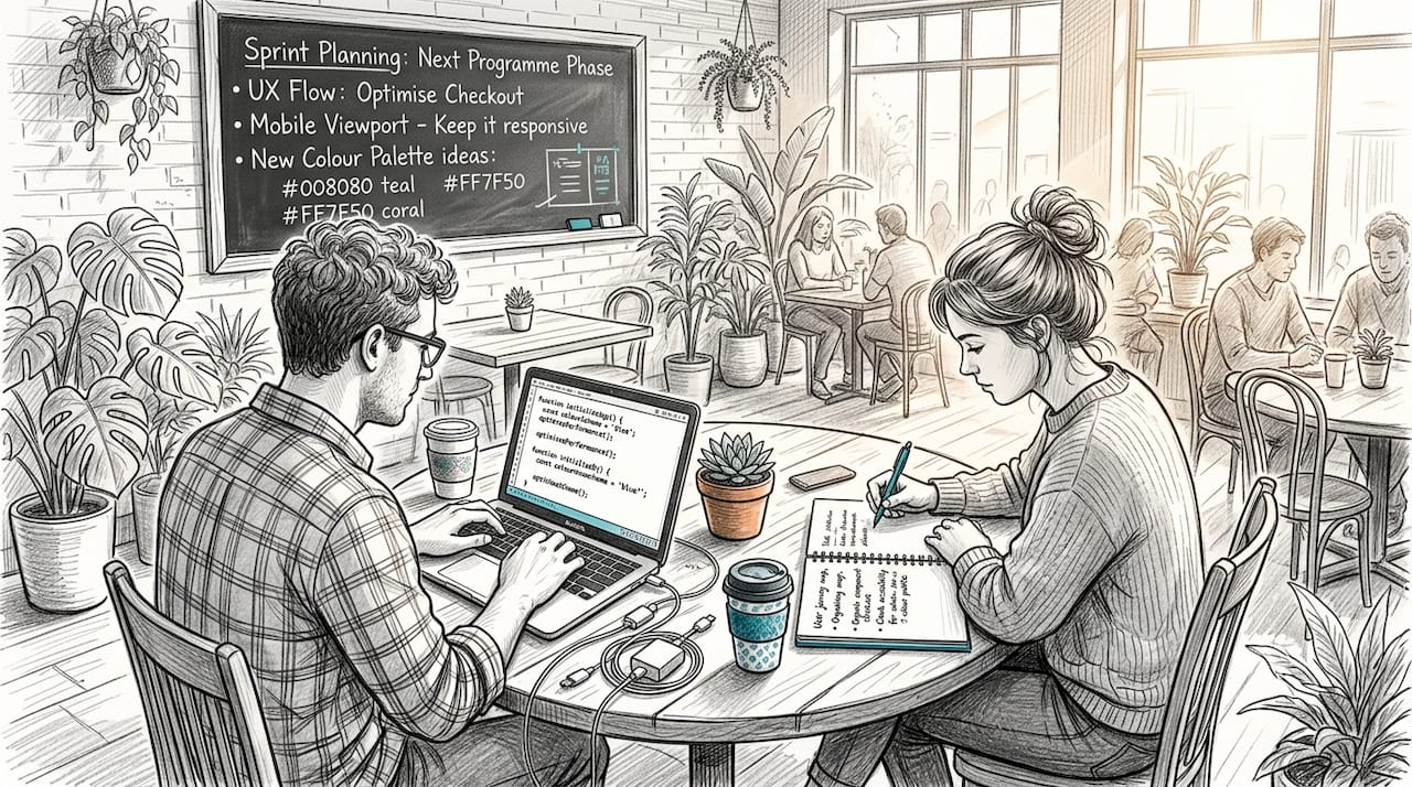 Web developers collaborating in corporate boardroom