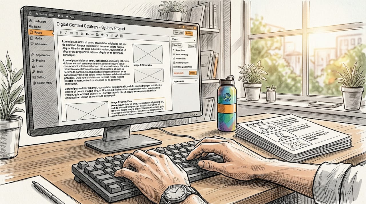Hands typing on keyboard with CMS editor screen