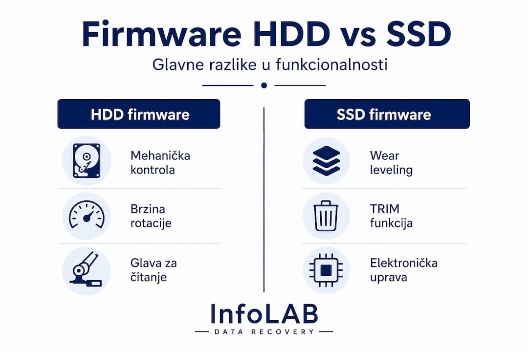 Infografika prikazuje ključne razlike u firmwareu između HDD-a i SSD-a