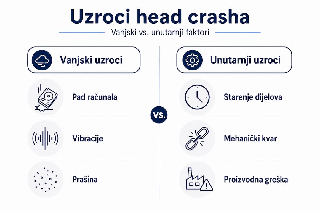 Infografika koja prikazuje razlike između vanjskih i unutarnjih uzroka 'head crasha' na tvrdim diskovima