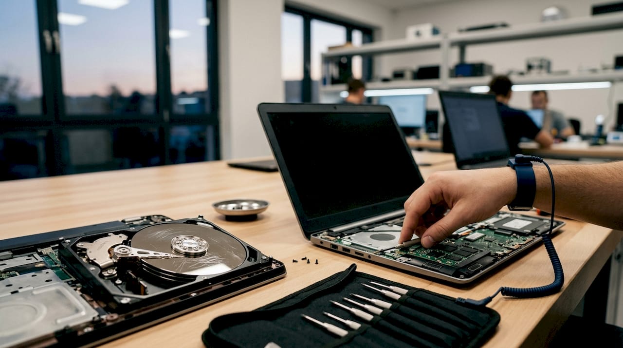 Detaljan prikaz dijelova HDD-a i SSD-a na radnom stolu
