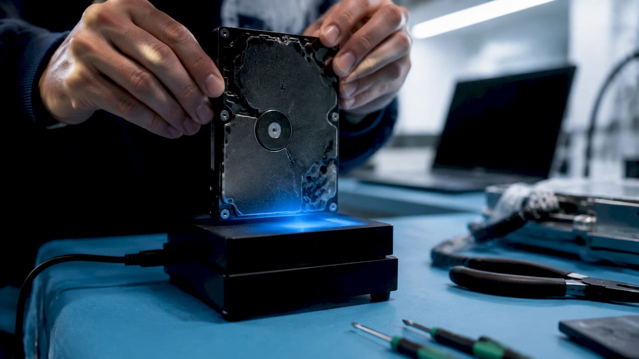 Ruke drže tvrdi disk iznad uređaja za razmagnetiziranje