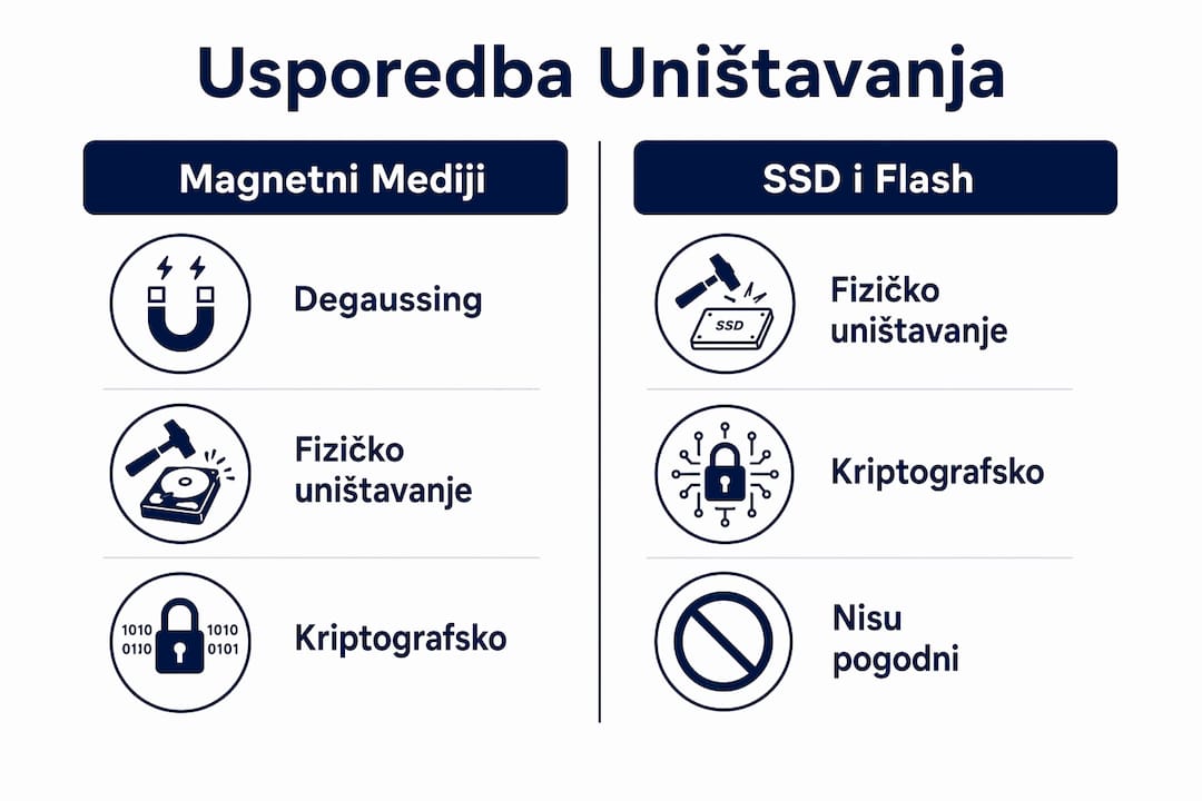 Infografika koja prikazuje usporedbu metoda uništavanja podataka za različite vrste medija