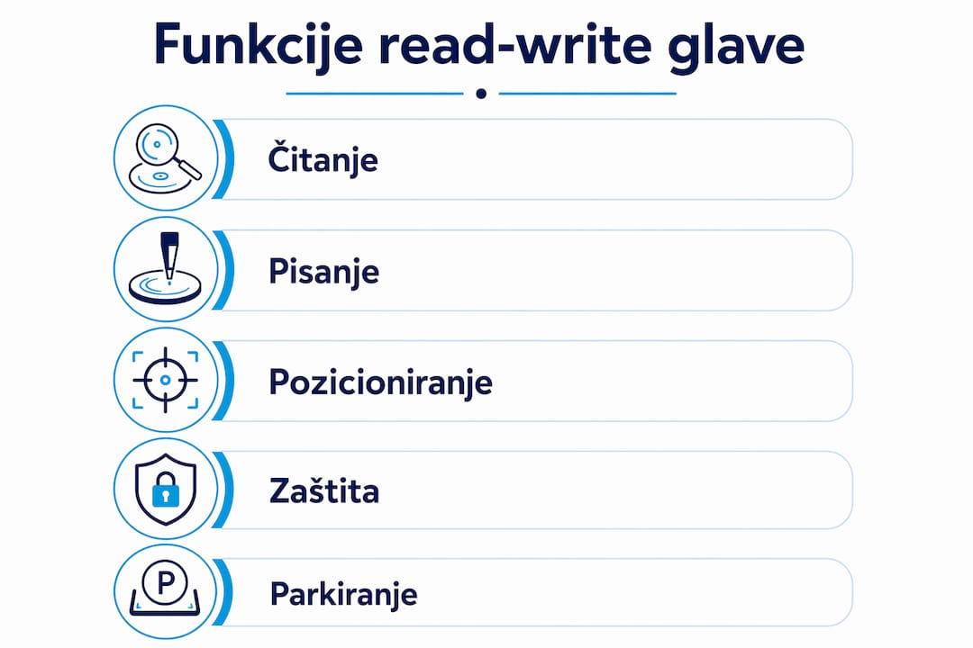 Na infografici su jasno prikazane uloge i način rada read-write glave u tvrdim diskovima.