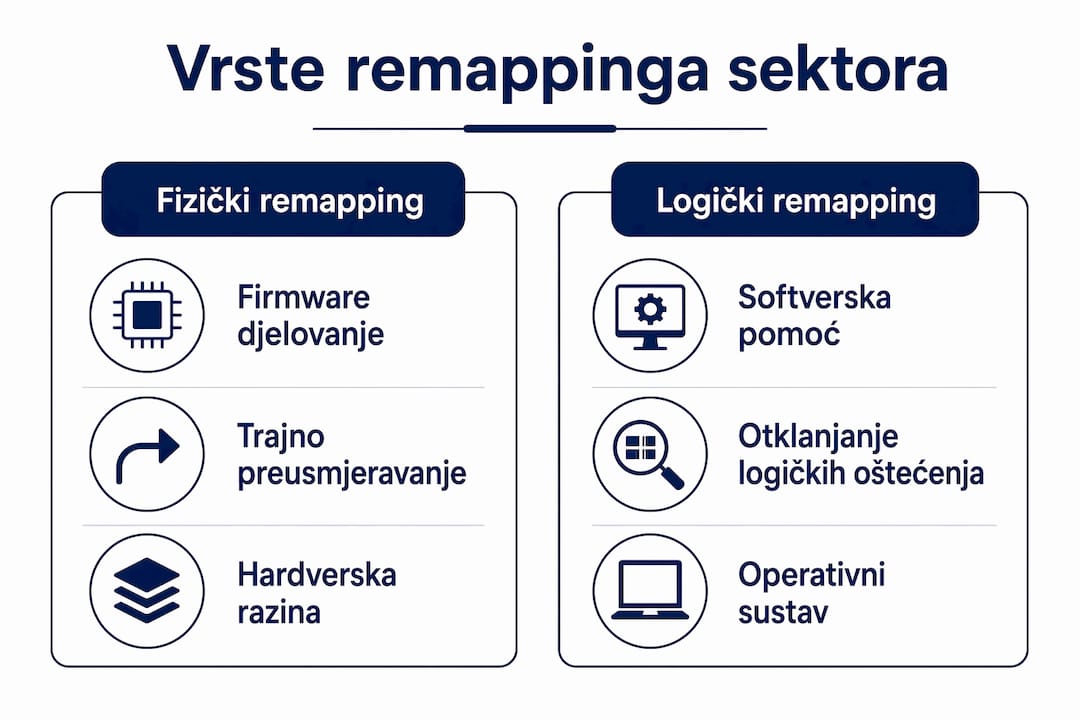 Infografika koja jasno prikazuje obje vrste remapiranja sektora na disku