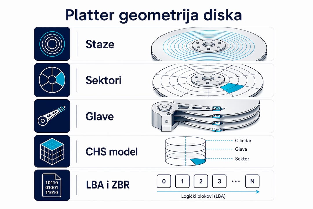 Na infografici su jasno prikazani ključni elementi geometrije diska i njegove ploče.