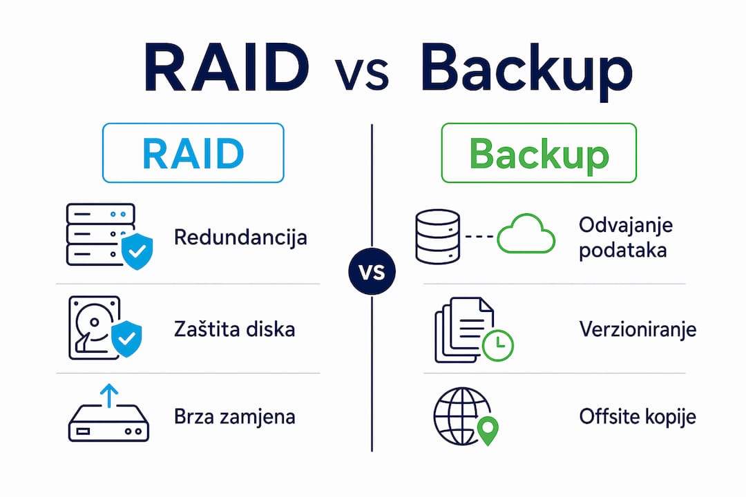 Grafički prikaz koji jasno pokazuje glavne razlike između RAID sustava i backup rješenja