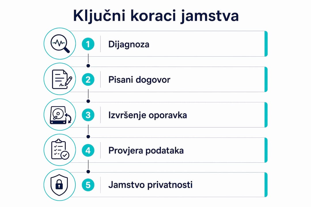 Na infografici su jasno prikazani najvažniji koraci koji osiguravaju uspješan oporavak podataka.