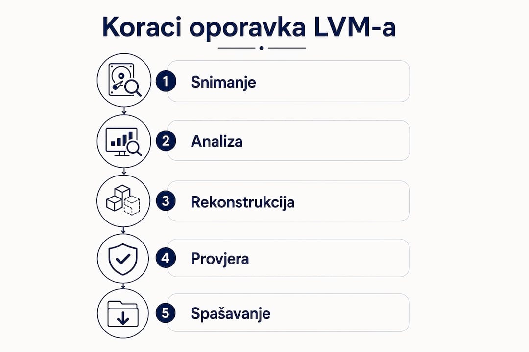 Na ovoj infografici pronaći ćete detaljan prikaz postupka za vraćanje izgubljenih LVM particija.