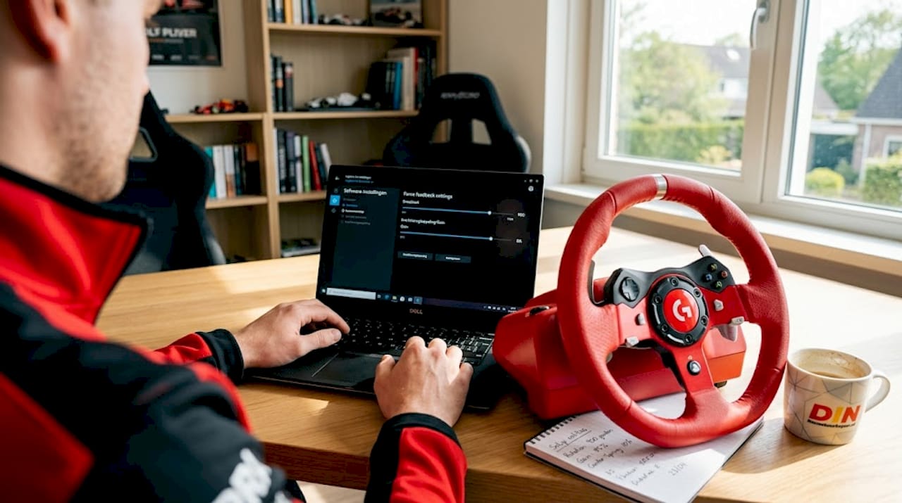 Iemand stelt de force feedback-instellingen af op een laptop.