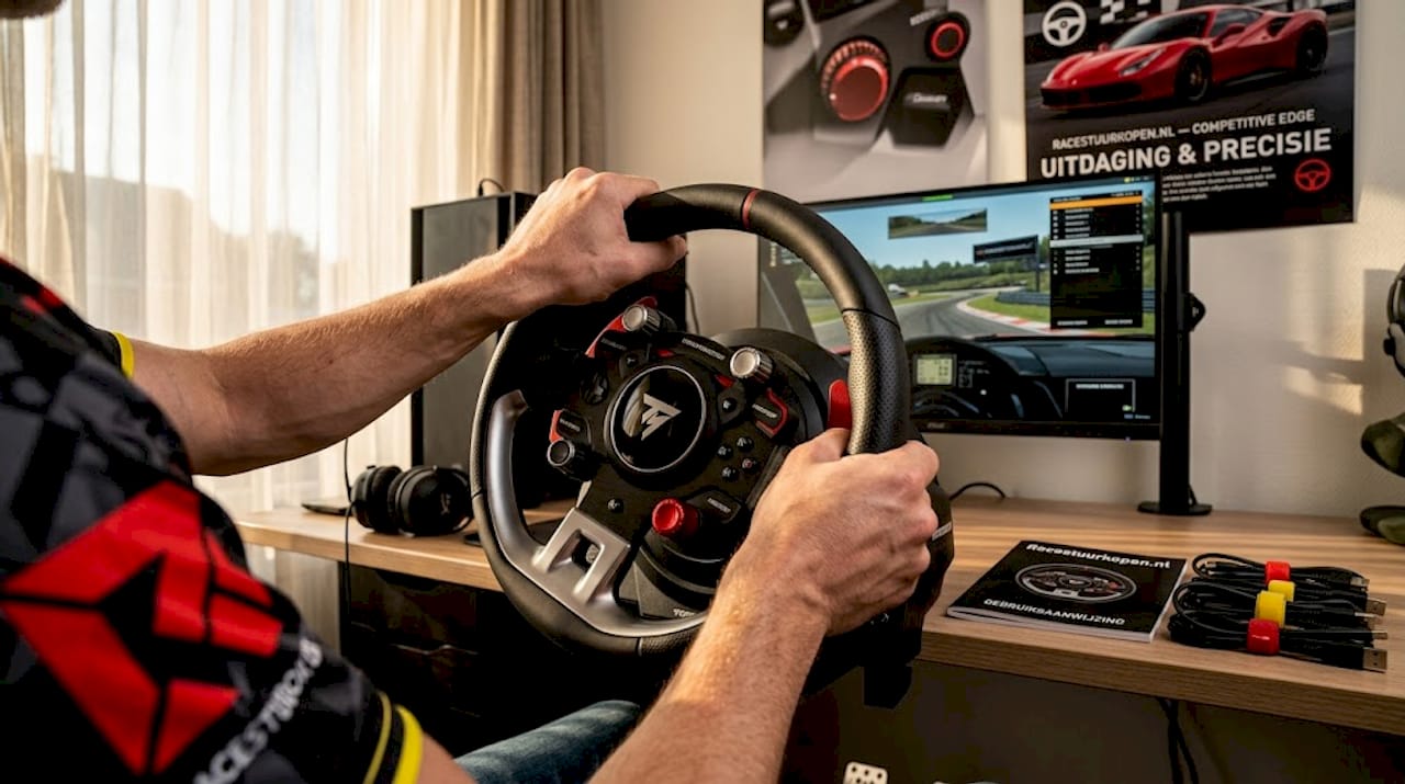 Handen stevig om het racestuur geklemd terwijl je duidelijk het force feedback-effect voelt.