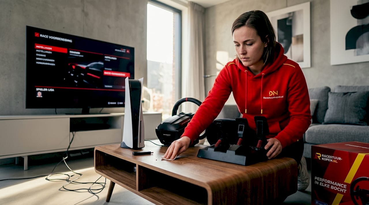 Vrouw zet PS5 racestuur klaar voor een potje gamen
