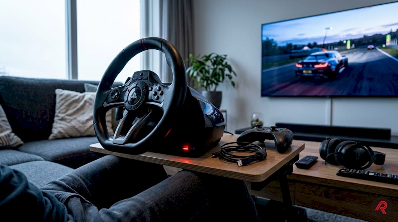 Draadloos racestuur met batterij-indicator die waarschuwt bij een bijna lege accu
