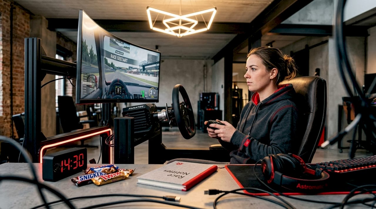 Vrouw schakelt moeiteloos tussen controller en racestuur