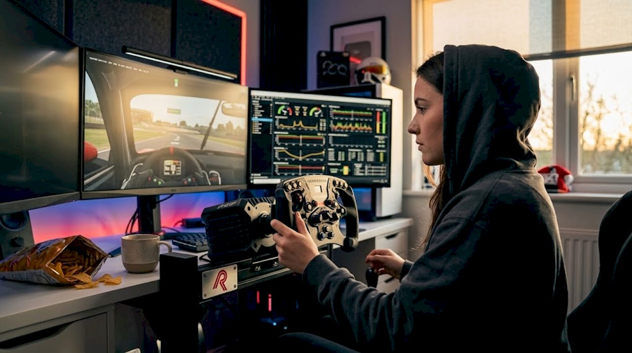 Een gamer stelt de tractiecontrole bij terwijl hij de telemetriegegevens op het scherm volgt.