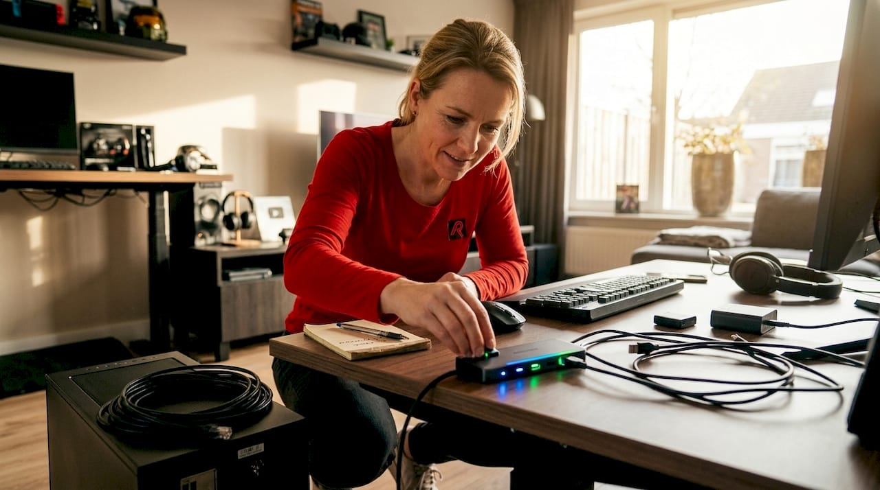 Een vrouw verbindt haar gaming-accessoires met een usb-hub.