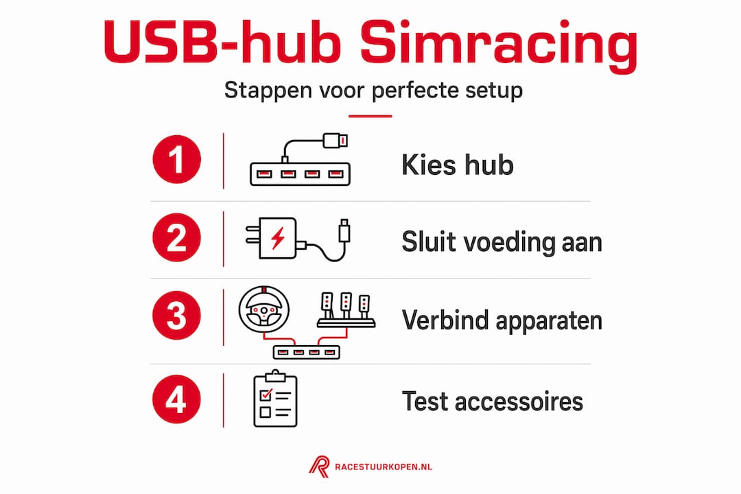 Overzichtelijke infographic: zo sluit je een usb-hub aan voor simracing stap voor stap