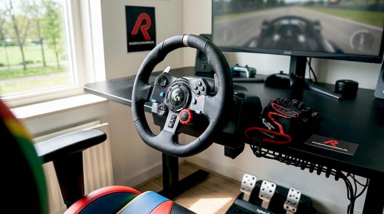 De Logitech G923 racestuur zit stevig vast aan het bureau.