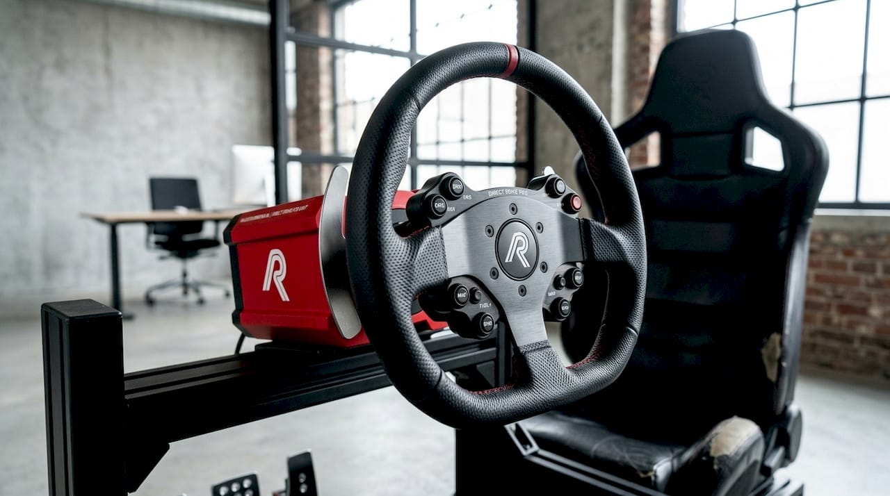 Detailopname van een direct drive racestuur en simrig