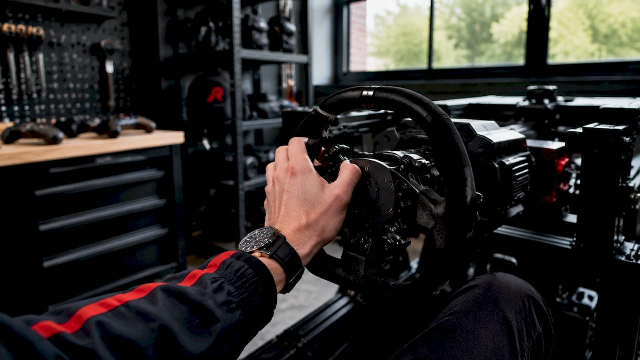 Detailopname van een direct drive racestuur met een hand erop