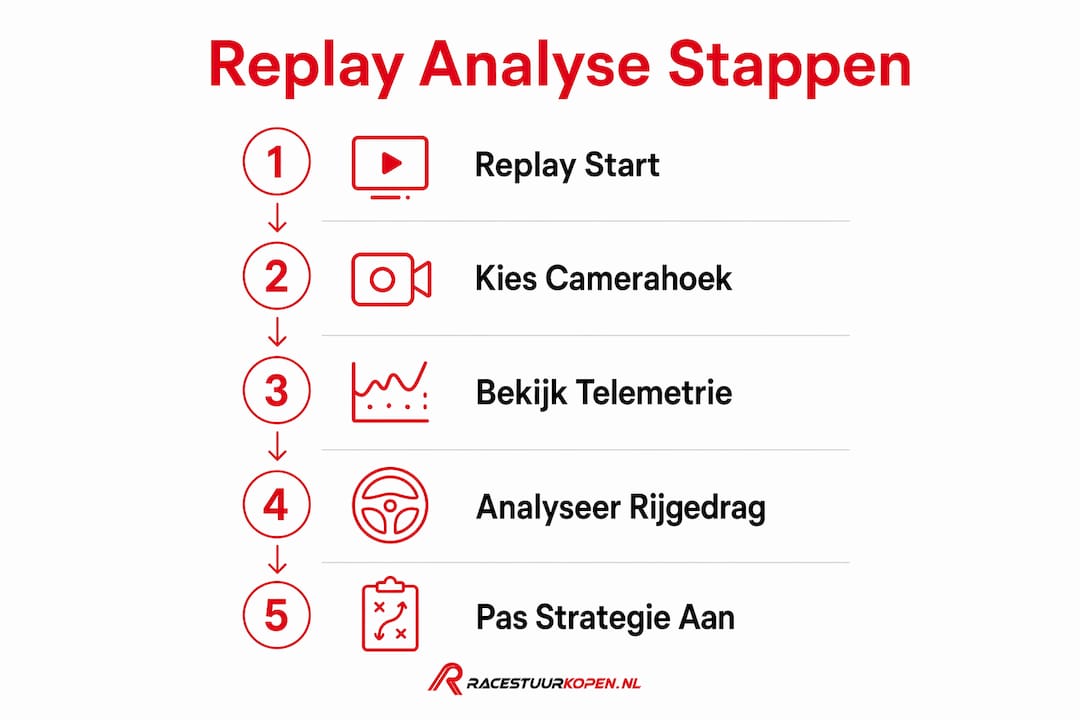 Infographic met de stappen voor het analyseren van herhalingen in simracen