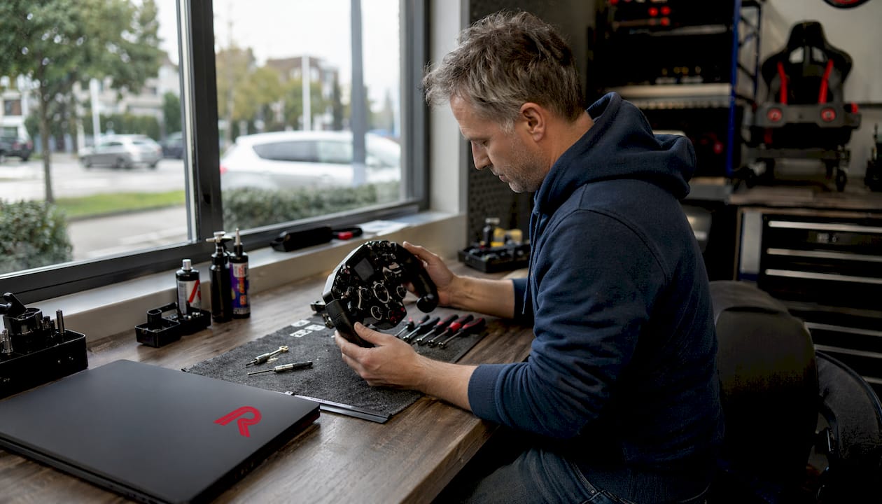 Man bekijkt zijn simracing-stuur thuis aandachtig