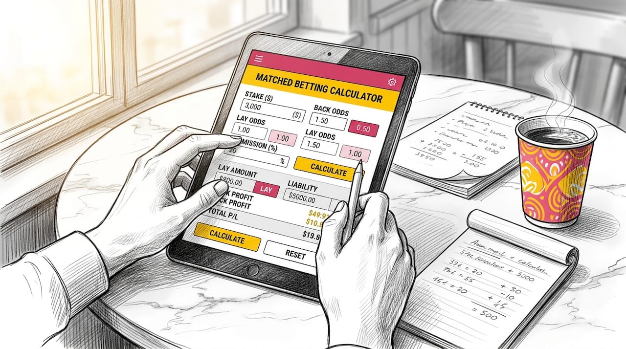 Hands operating matched betting calculator on tablet
