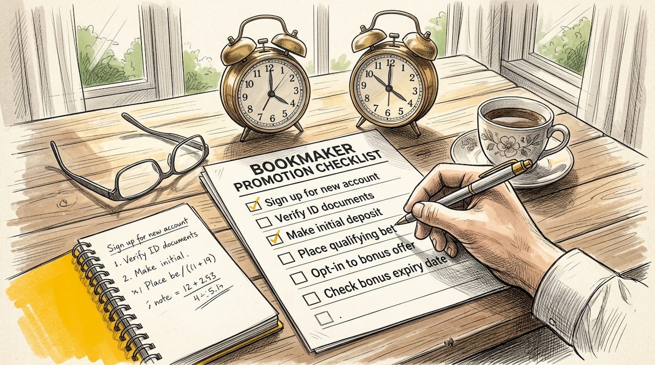 Bookmaker Promotion Checklist for Sports Fans 2026 Hand marking bookmaker promotion checklist on desk