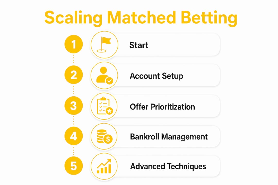 Matched Betting Income Scaling Guide for Canadians Infographic showing key steps for scaling matched betting income