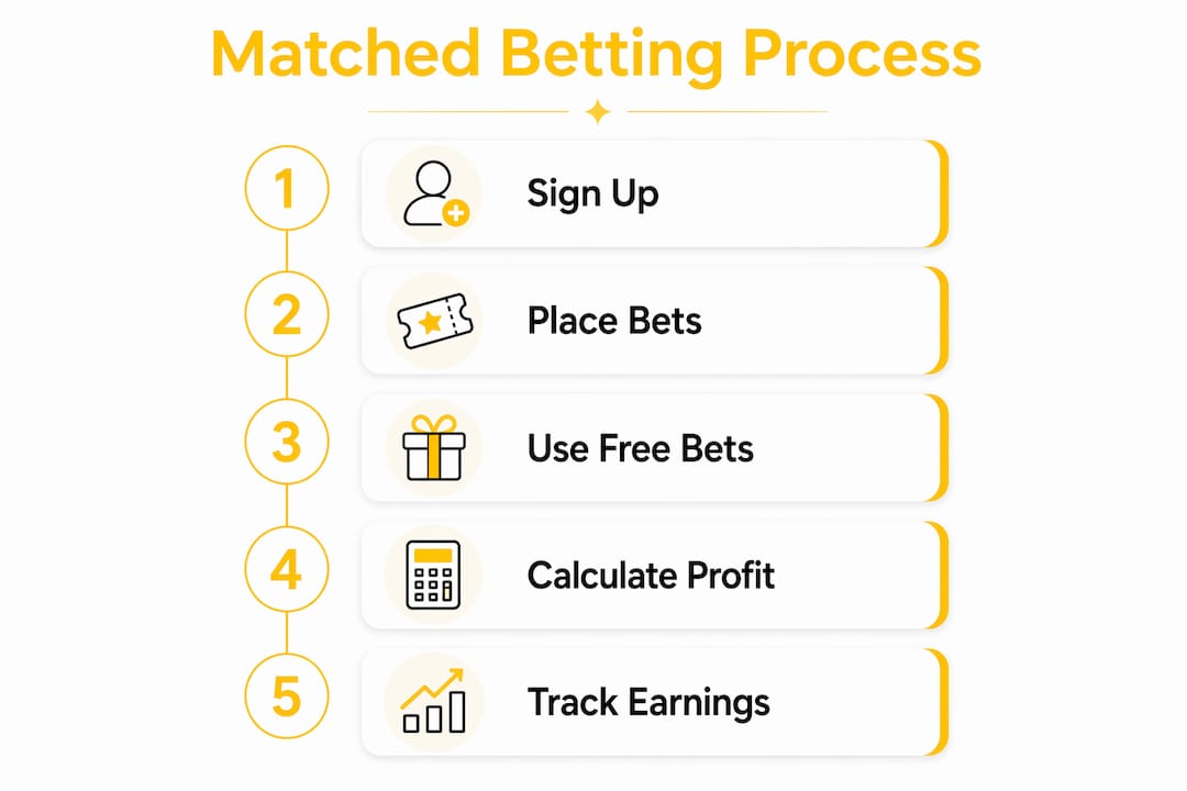 Tax-Free Matched Betting Income UK: 2026 Guide Infographic illustrating matched betting step-by-step process