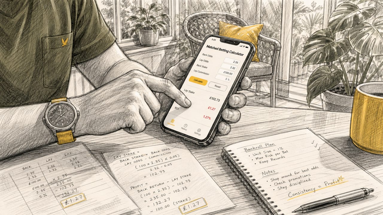 Hands operating matched betting calculator on smartphone