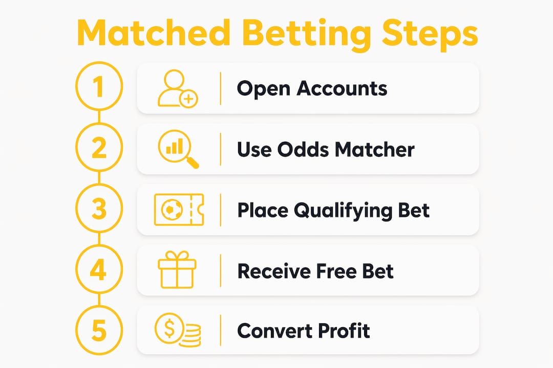 Your First Matched Betting Profit Guide for Beginners Infographic showing steps in matched betting process