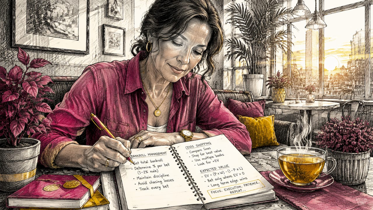 Woman writing key betting guide components at desk