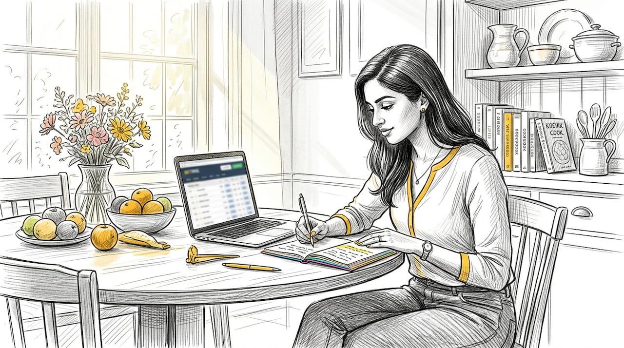 Woman taking notes on matched betting strategy at coworking desk