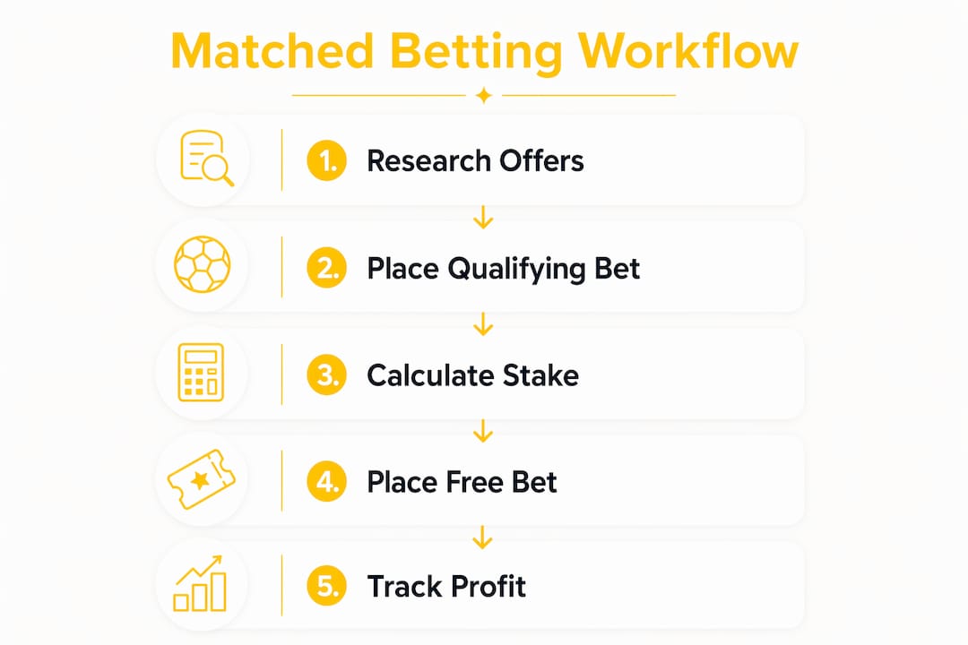 Secondary Income Matched Betting Workflow: 2026 Guide Step-by-step infographic of matched betting process