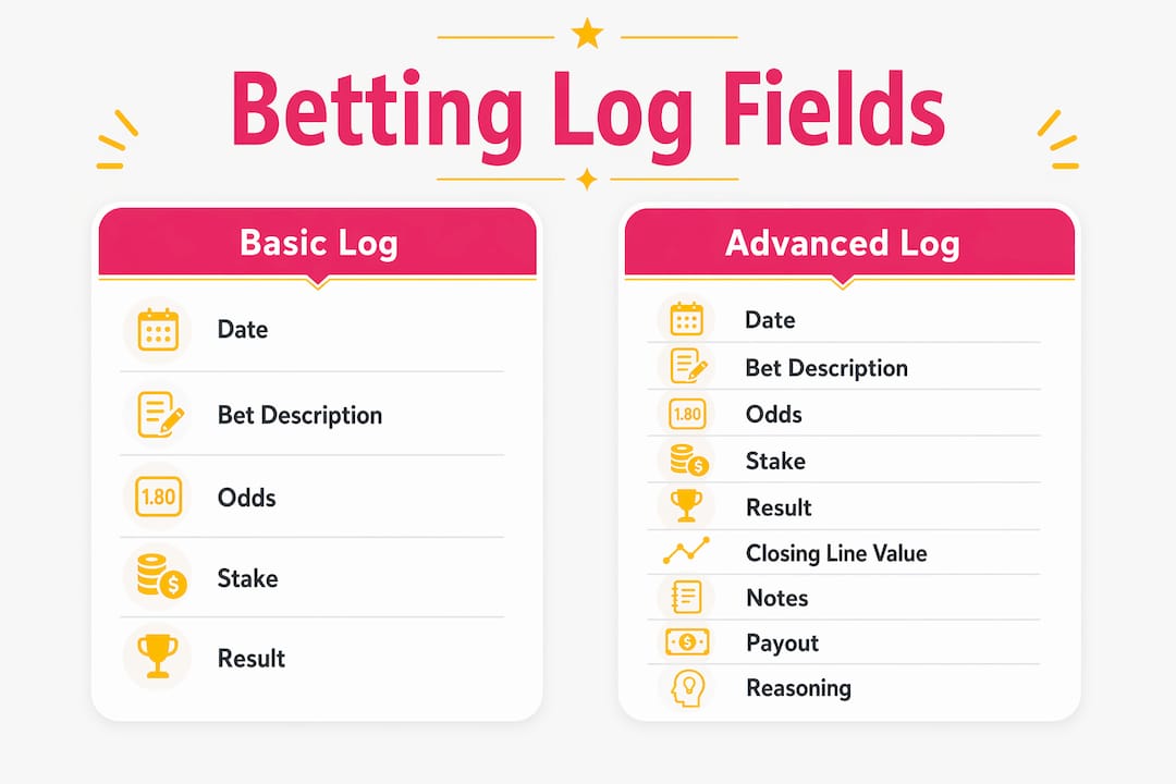 What Is a Betting Log? Explained for Every Bettor Infographic comparing basic and advanced betting log fields