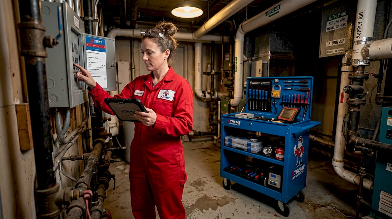 Engineer logging HVAC maintenance data
