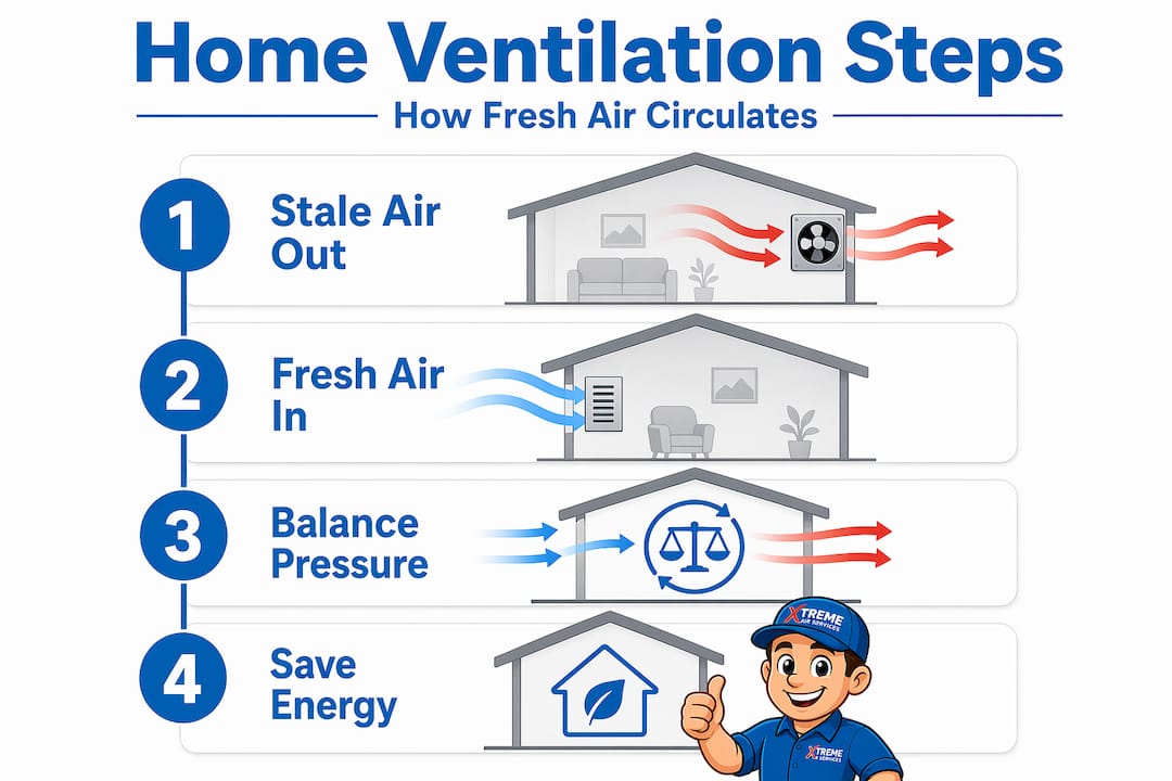 Step-by-step infographic on home ventilation process