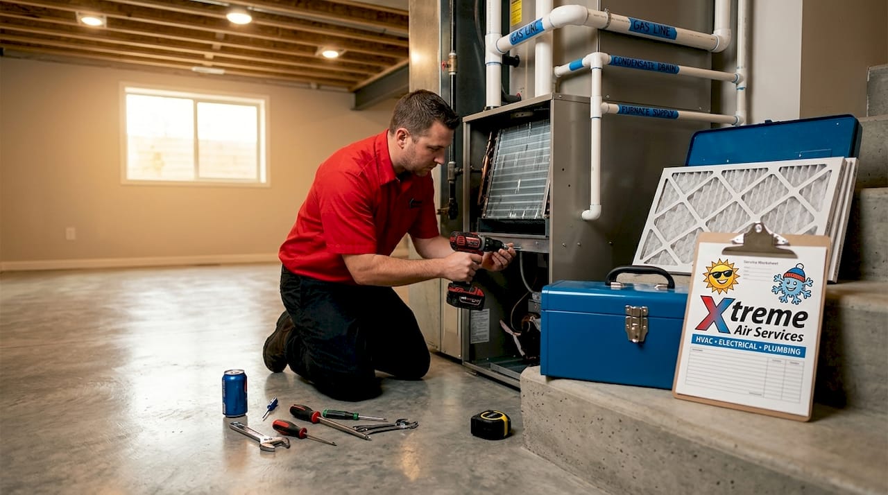 Technician opening cabinet to access evaporator coil