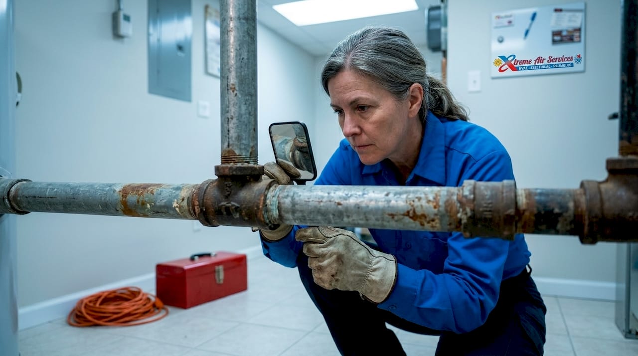 Homeowner examines old steel and cast iron pipes