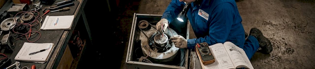 Technician inspecting furnace blower motor
