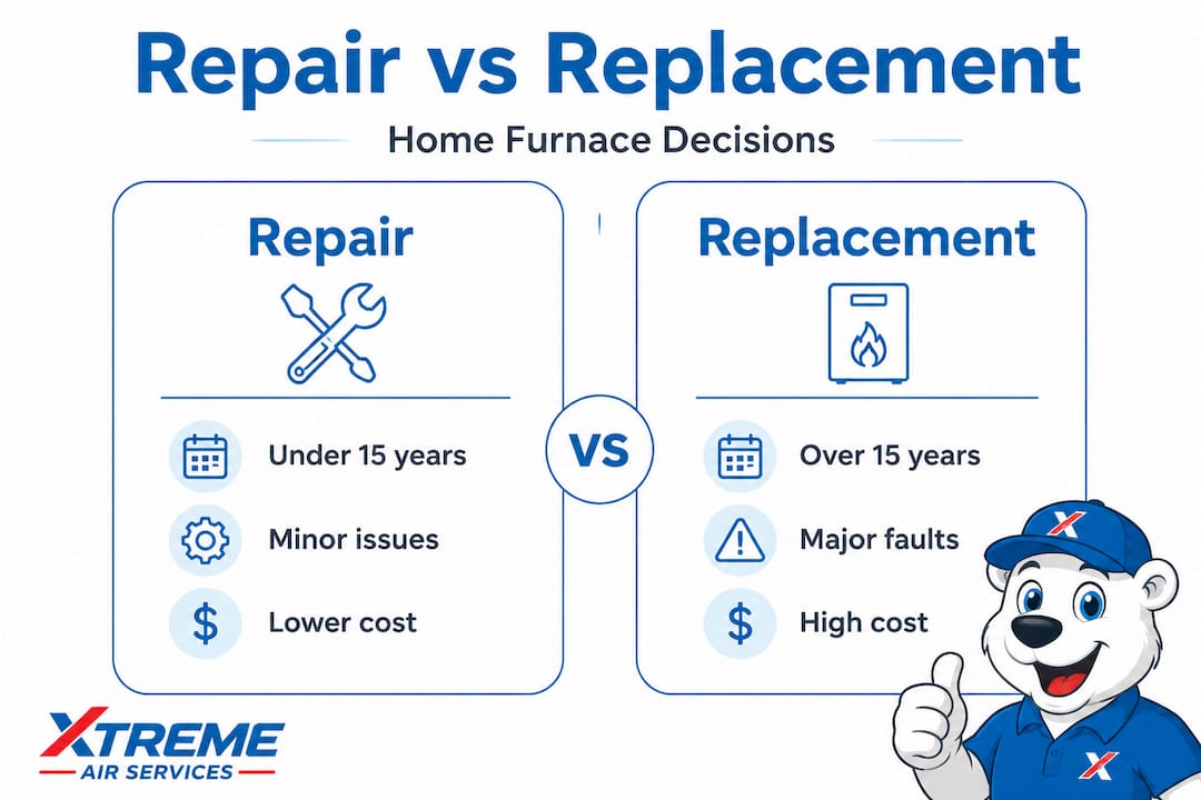 Infographic comparing furnace repair and replacement