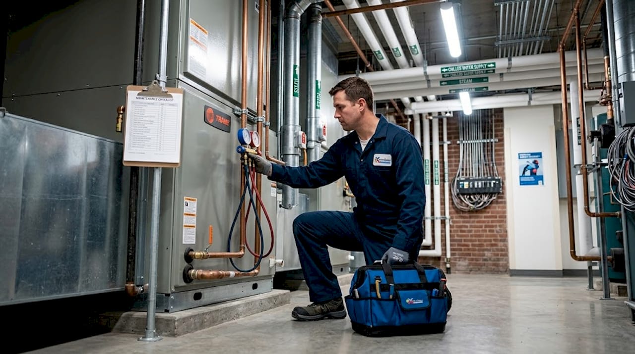 Technician inspecting centralized air handler