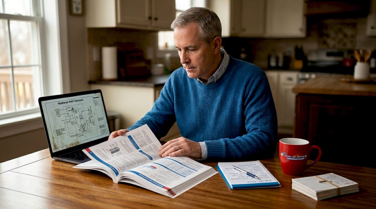 Homeowner checking HVAC sizing guide in kitchen