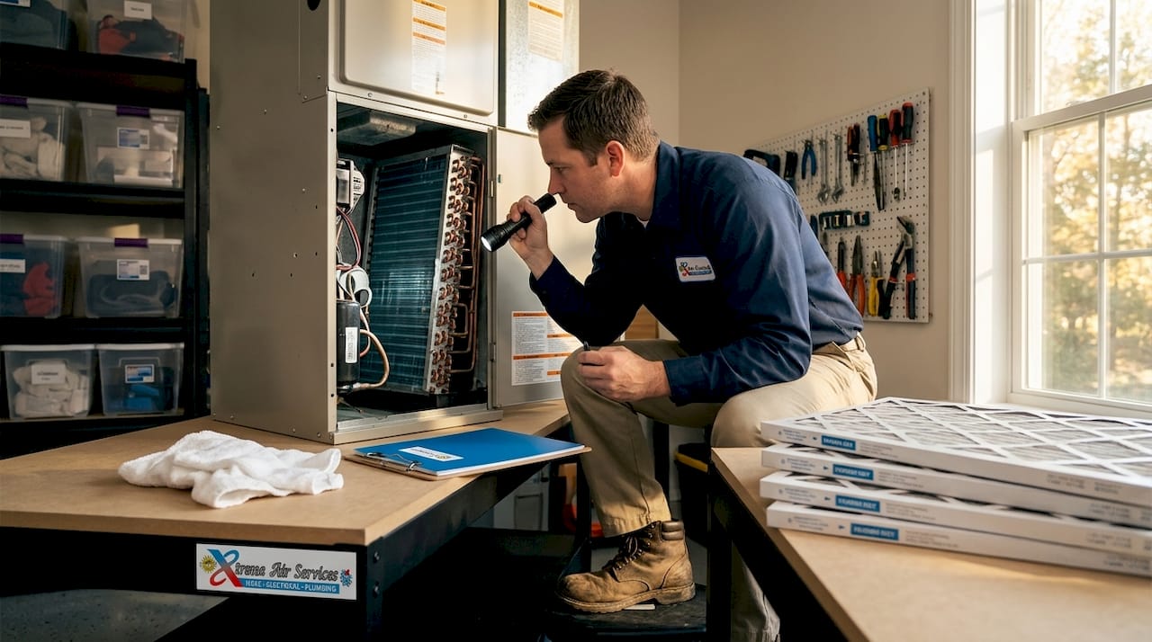 Technician checking furnace in basement
