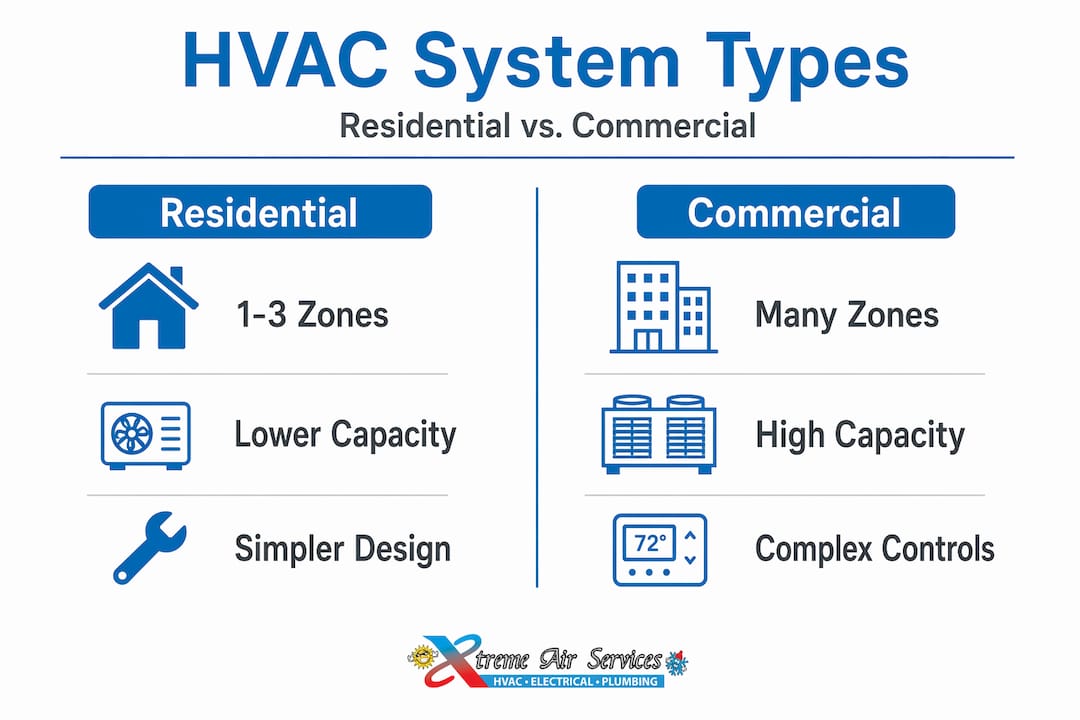 Side-by-side infographic about residential and commercial HVAC systems